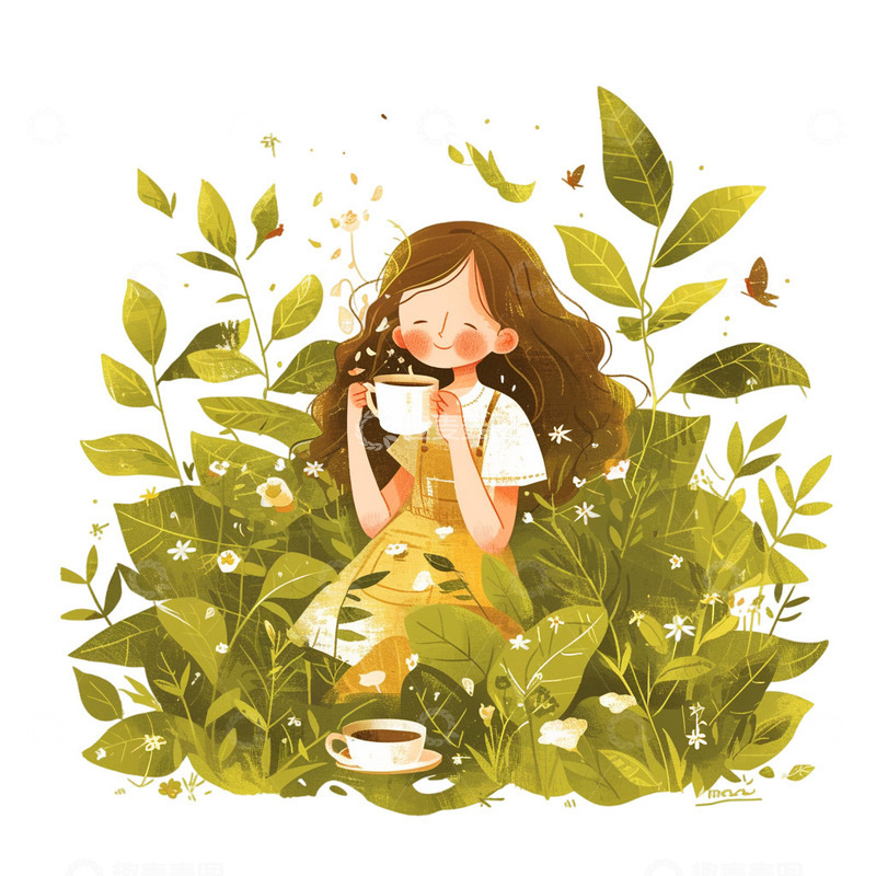 高清大图下载【趣麦麦图】春茶女孩绿茶泡茶茶叶采摘元素