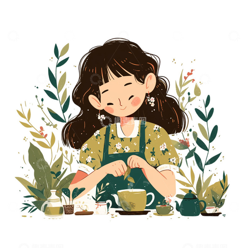 高清大图下载【趣麦麦图】春茶女孩泡茶茶叶元素