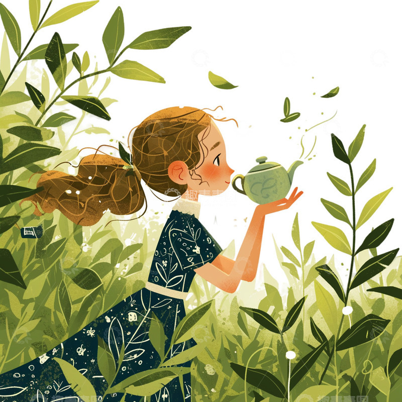 高清大图下载【趣麦麦图】春茶女孩茶壶泡茶茶叶采摘元素