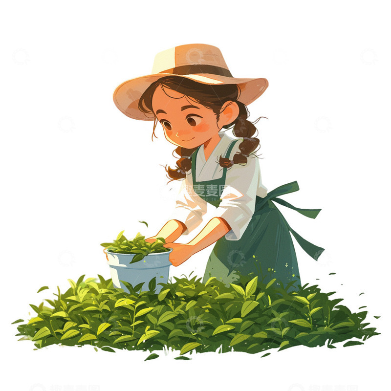 高清大图下载【趣麦麦图】采茶叶草帽女孩元素