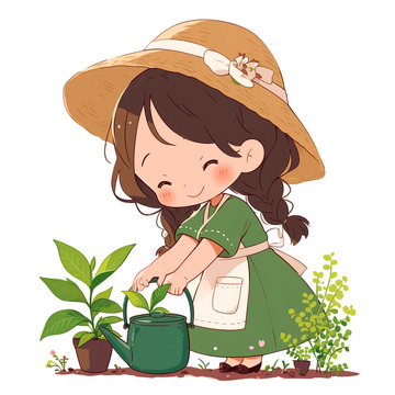 春茶草帽女孩Q版茶叶采摘元素