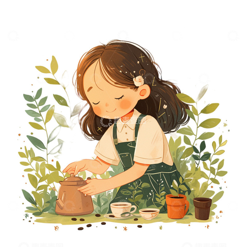 高清大图下载【趣麦麦图】春茶女孩泡茶茶叶茶壶元素