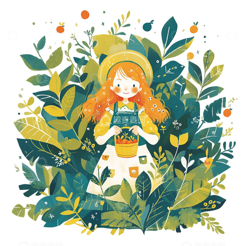 高清大图下载【趣麦麦图】春茶草帽女孩茶叶采摘元素