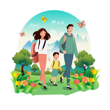 浅绿色卡通扁平风格春天郊游踏青一家人