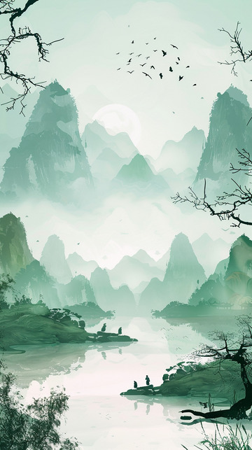 绿色渐变国风山水背景