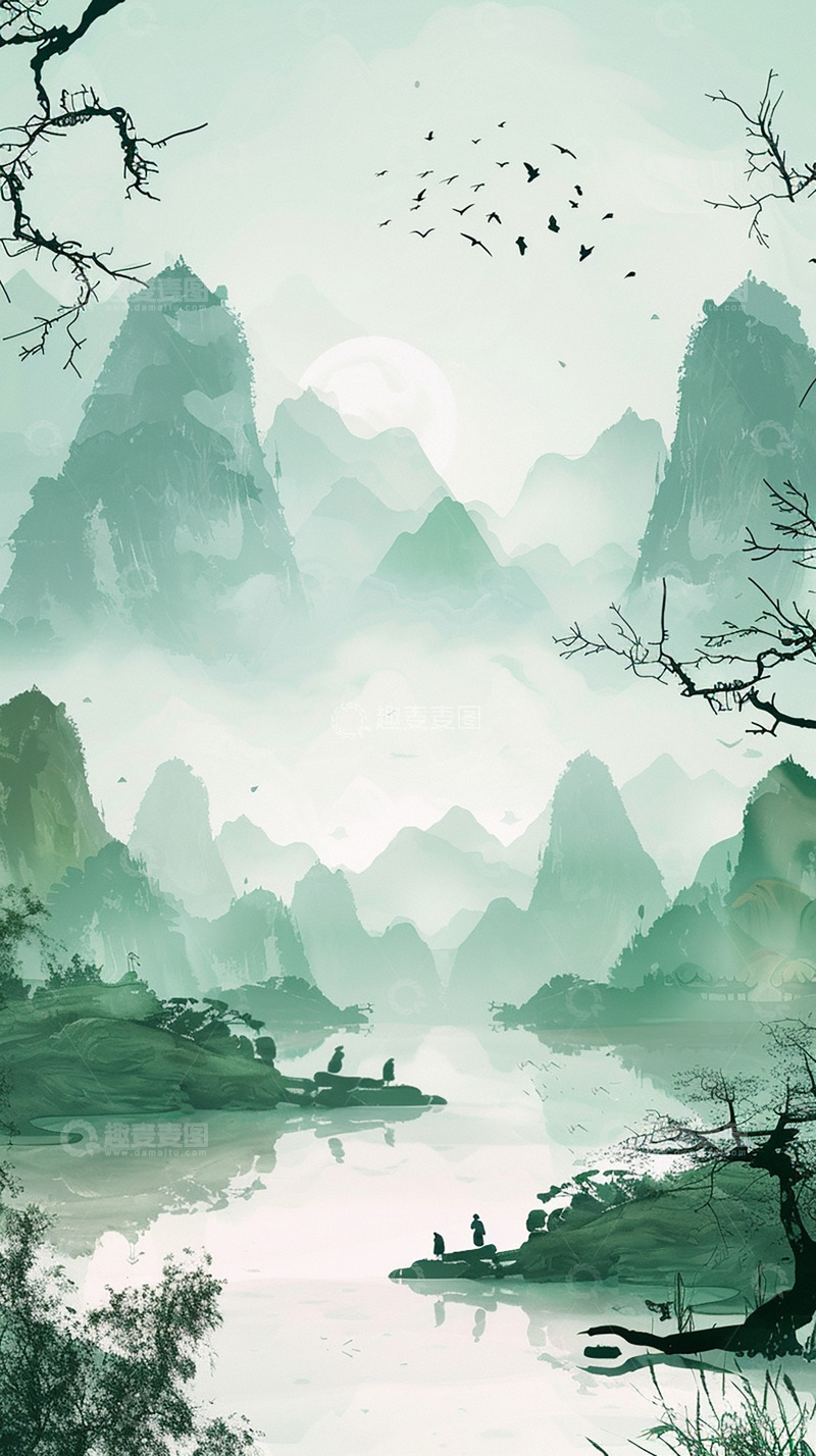 高清大图下载【趣麦麦图】绿色渐变国风山水背景