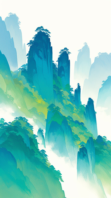青绿色山水国风背景