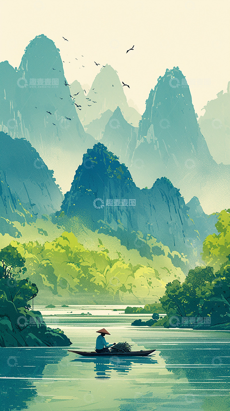 高清大图下载【趣麦麦图】绿色孤舟山水水墨背景