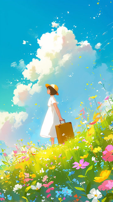 春日女孩踏青出行背景