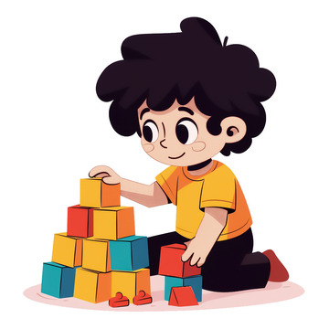 男孩搭建积木插画