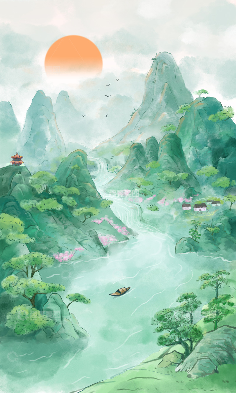 源文件下载【趣麦麦图】古风水墨山水插画