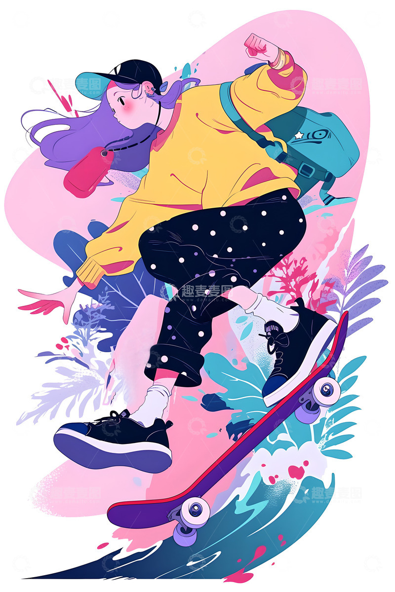 高清大图下载【趣麦麦图】滑滑板的女生扁平插画风格