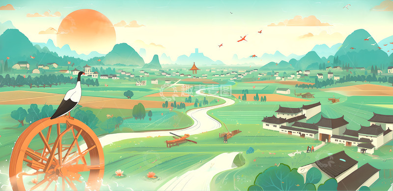 高清大图下载【趣麦麦图】-扁平简约风格村庄背景素材
