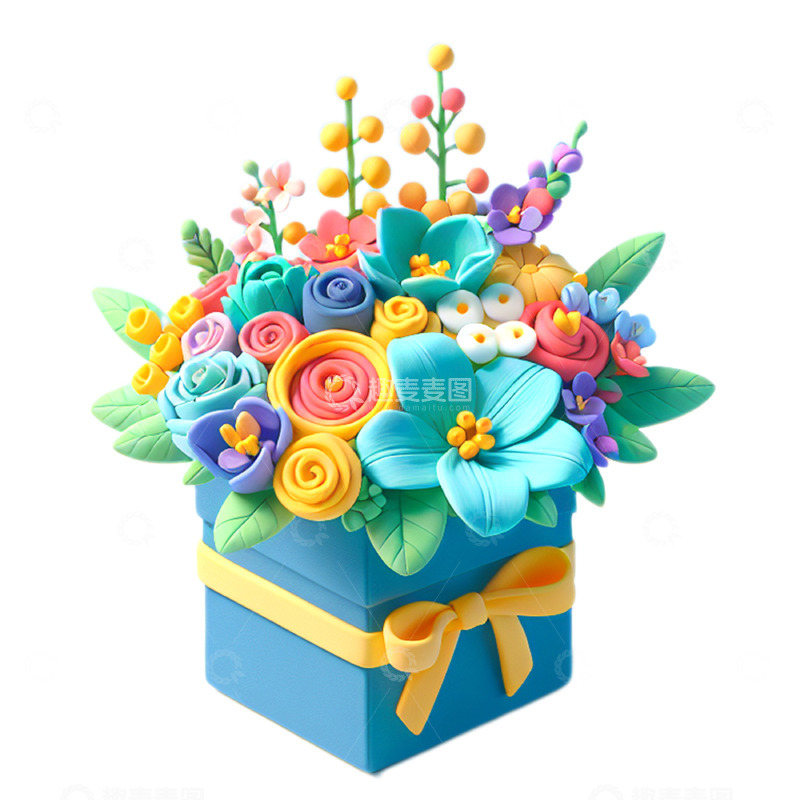 高清大图下载【趣麦麦图】3D粘土风格装在盒子里的鲜花
