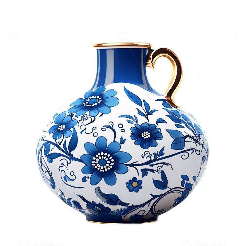 高清大图下载【趣麦麦图】3D立体卡通中国风青花瓷瓷瓶镶金