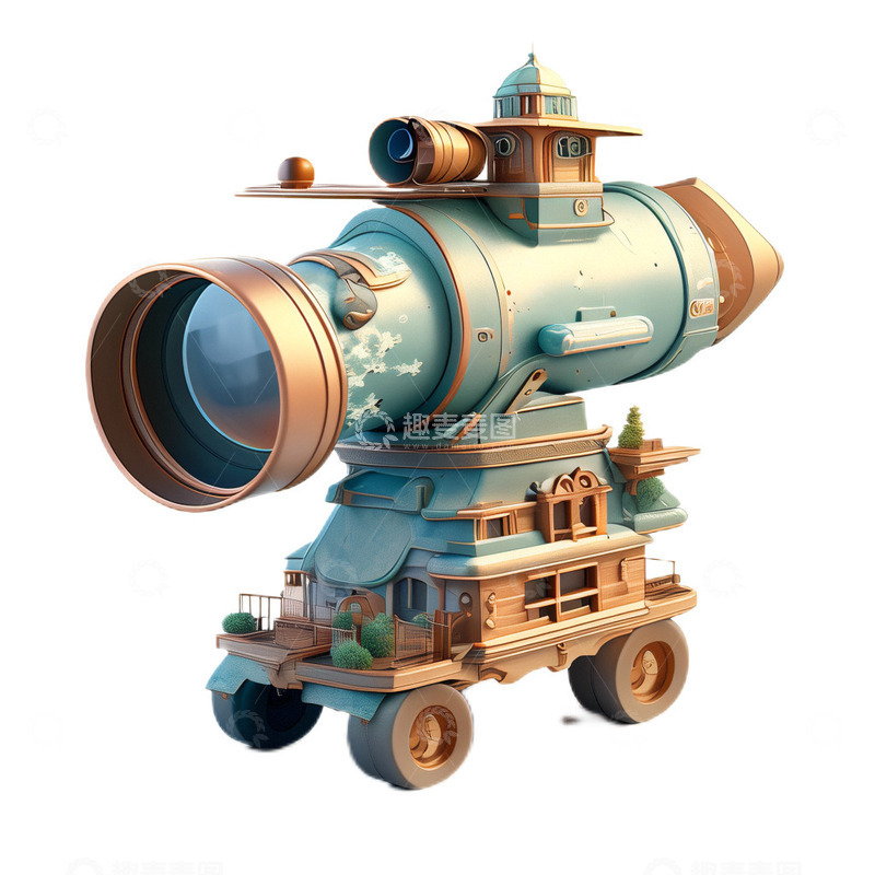 高清大图下载【趣麦麦图】3D卡通天文望远镜金属望远模型观测
