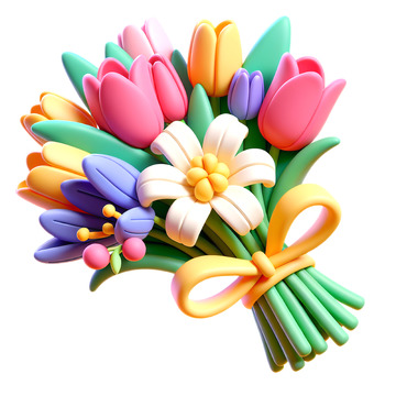 3D粘土风格卡通鲜花花束