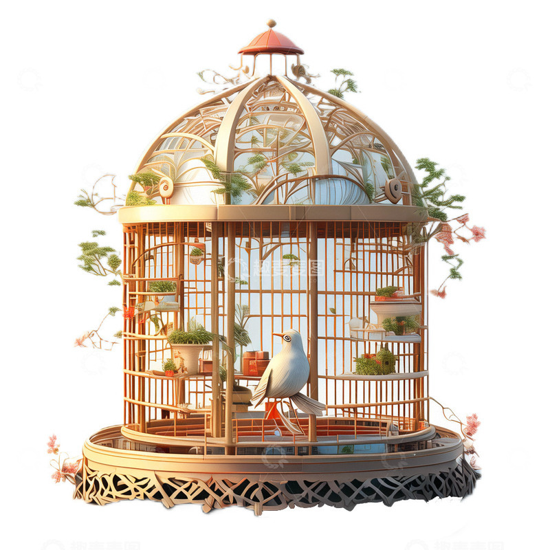高清大图下载【趣麦麦图】3D立体卡通欧式鸟笼华丽植物童话
