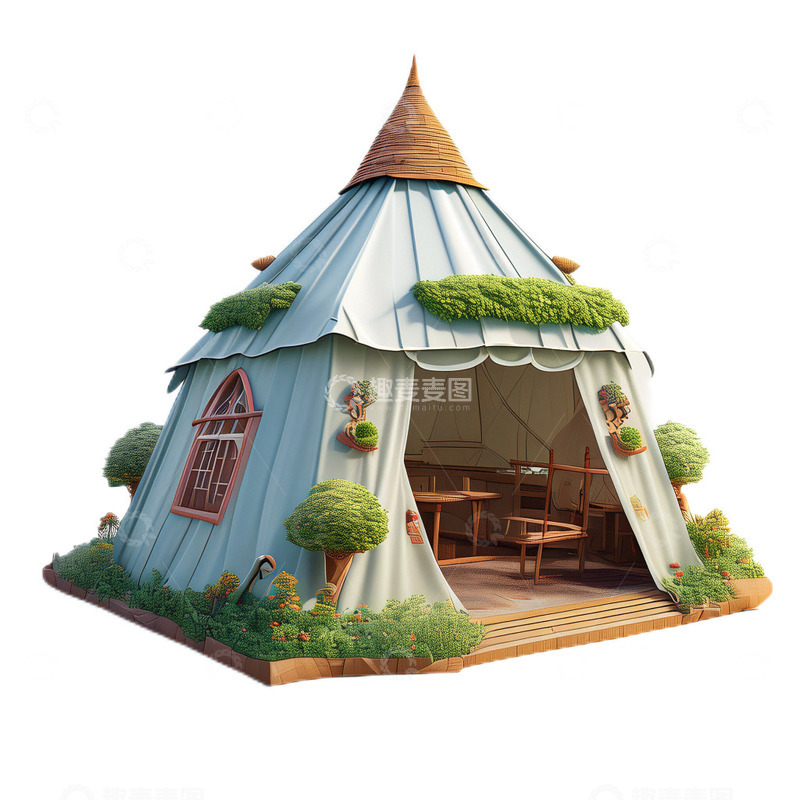 高清大图下载【趣麦麦图】-3D立体卡通帐篷郊游旅行淡蓝色