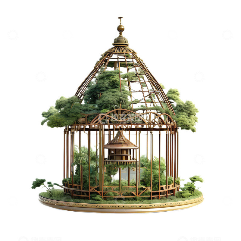 高清大图下载【趣麦麦图】3D立体卡通欧式鸟笼华丽植物