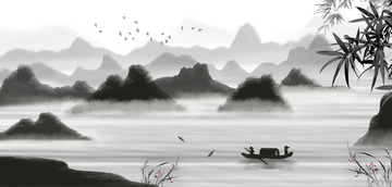 水墨古风山水渔民家