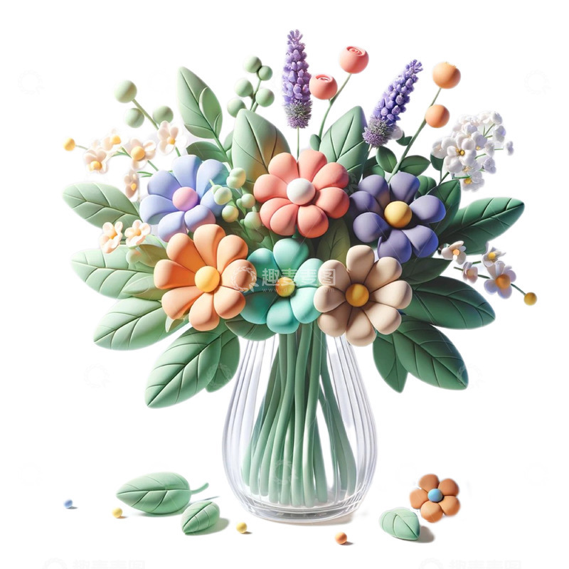 3D粘土花束插在玻璃瓶里