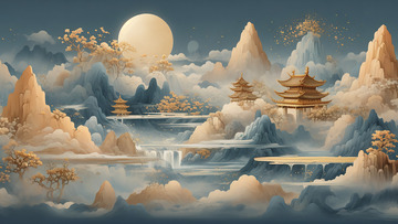 新国风山水祥云建筑唯美场景