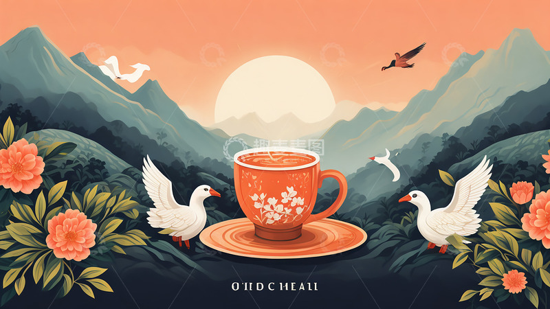 高清大图下载【趣麦麦图】春天春茶茶杯场景鲜花扁平插画