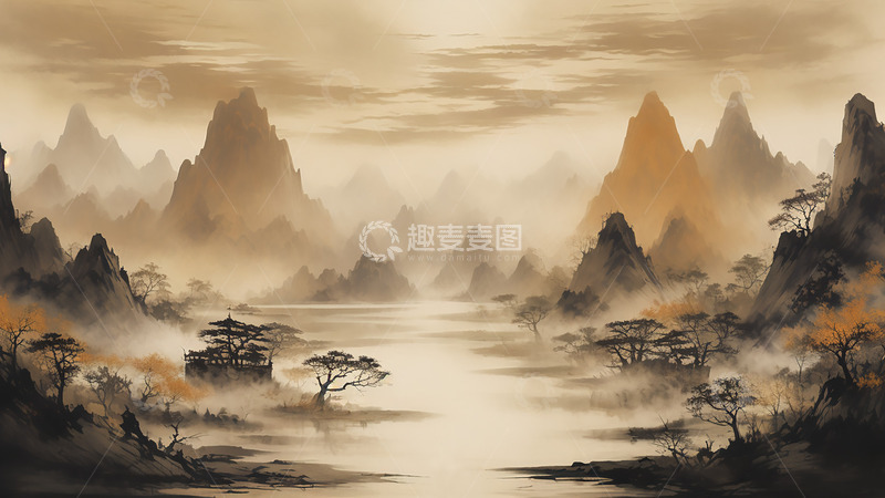 高清大图下载【趣麦麦图】国风山水唯美祥云场景背景