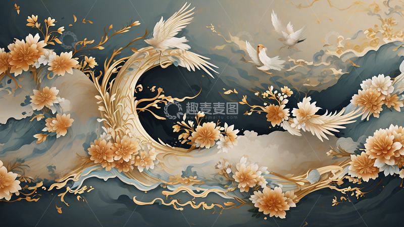 高清大图下载【趣麦麦图】新国风山水祥云鸟花朵立体唯美场景