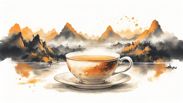 新国风茶杯水墨山水场景