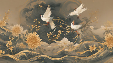 新国风山水祥云鸟花朵唯美场景