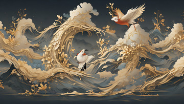 新国风山水祥云鸟花朵唯美立体场景