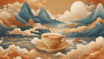 新国风茶杯山水祥云场景扁平