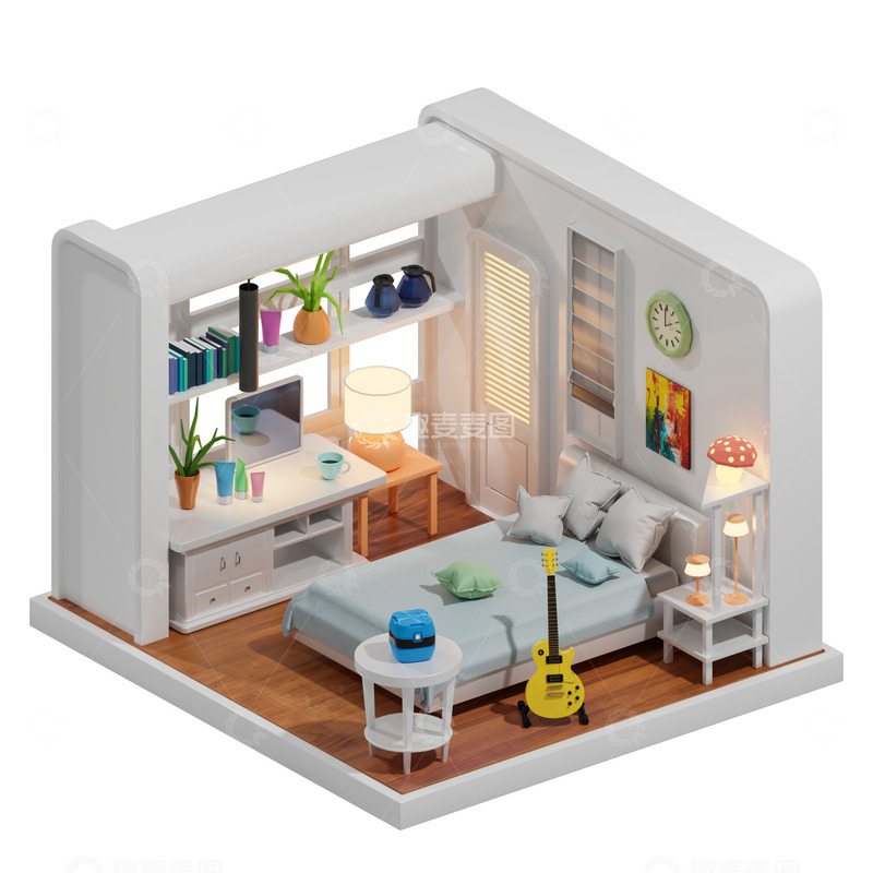 源文件下载【趣麦麦图】3D卡通白色卧室房间场景模型
