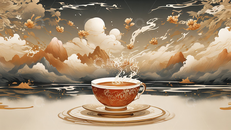 高清大图下载【趣麦麦图】新国风春茶茶杯山水祥云场景扁平