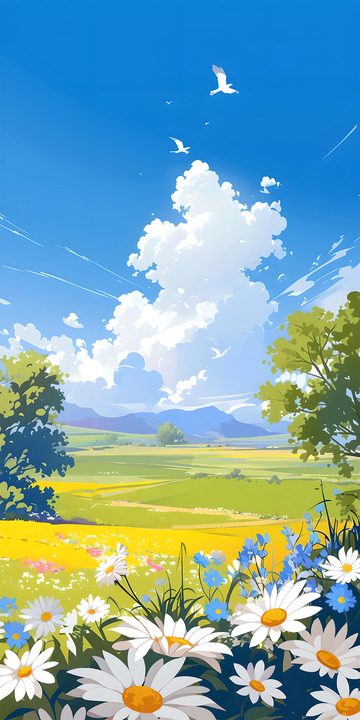 野花山坡风景插画风格景