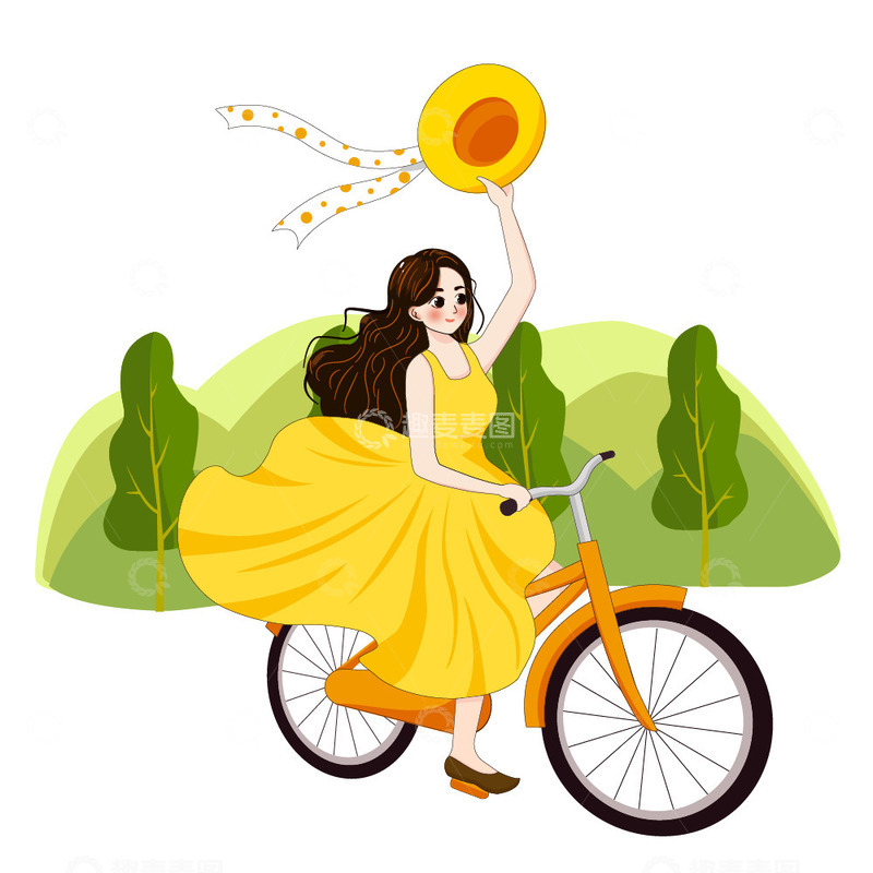 骑车春游小清新手绘插画