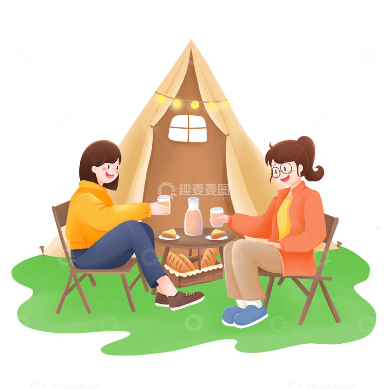 朋友春天出游踏青露营户外聚餐插画