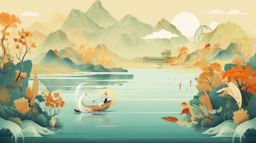 中国风端午国潮山水插画展板