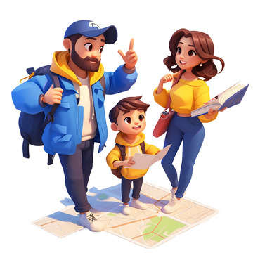 一家人在规划户外旅行