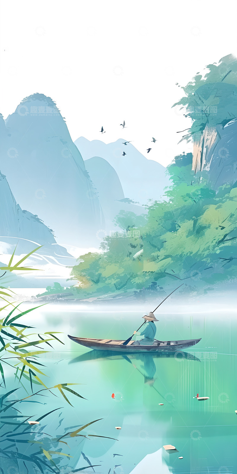 高清大图下载【趣麦麦图】中国风山水渔舟背景图