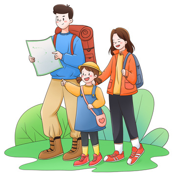 一家人春天出游踏青郊游出游场景插画