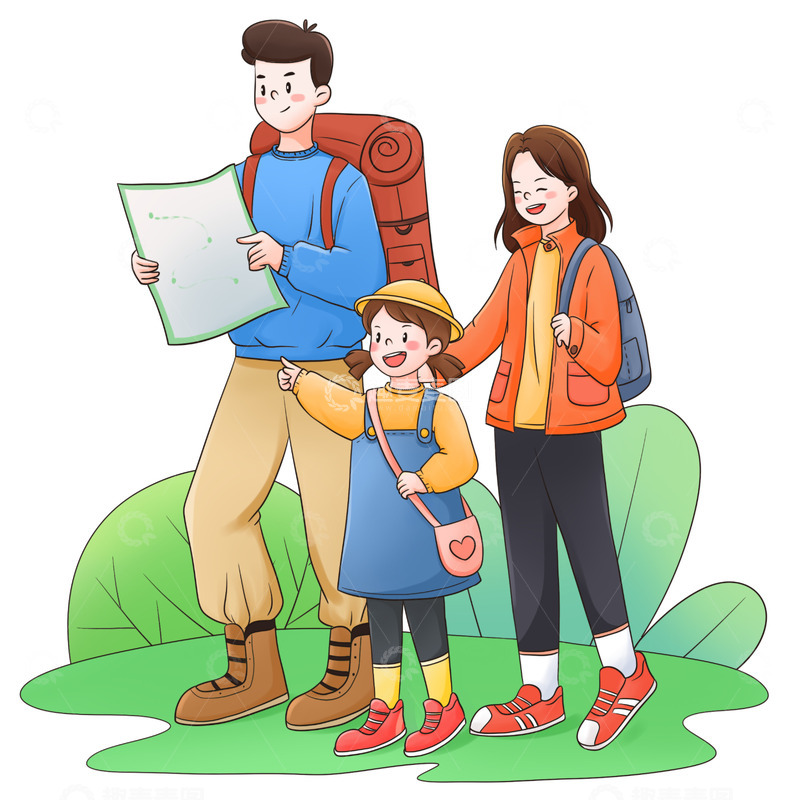 一家人春天出游踏青郊游出游场景插画