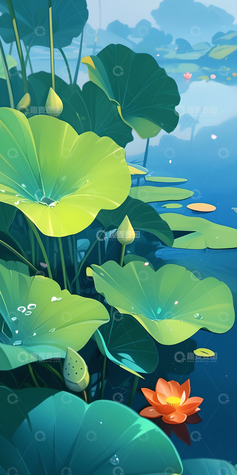 高清大图下载【趣麦麦图】荷花荷叶插画风格背景