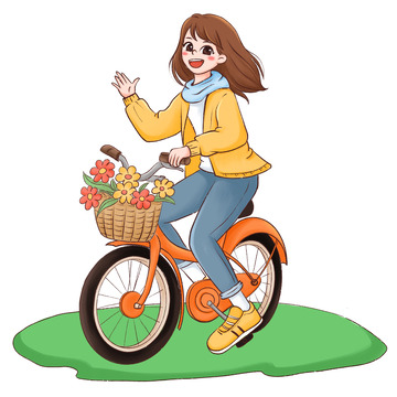 骑自行车春游踏青春游人物插画