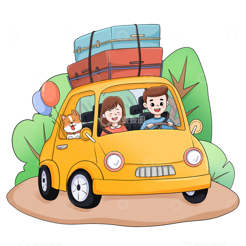 开车春天出游踏青郊游春游人物插画