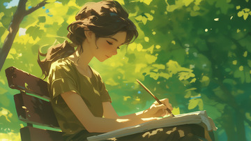 校园内女孩画画写生插画背景