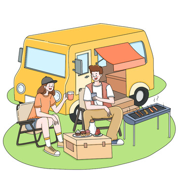 春天出游户外露营野炊户外聚餐插画