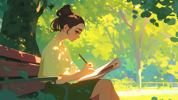 女孩户外写生插画背景